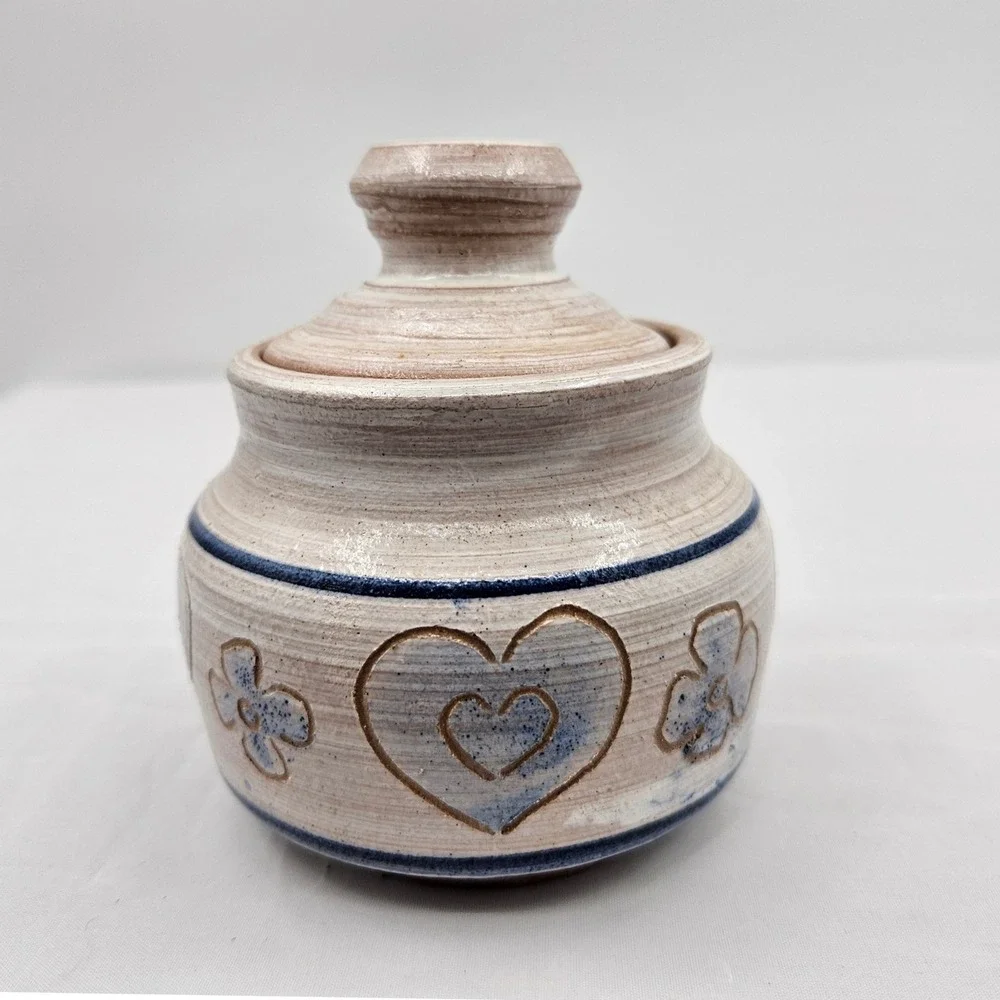 Rowe Pottery Works Lidded Sugar Bowl Heart & Flower Blue Salt Glazed Stoneware